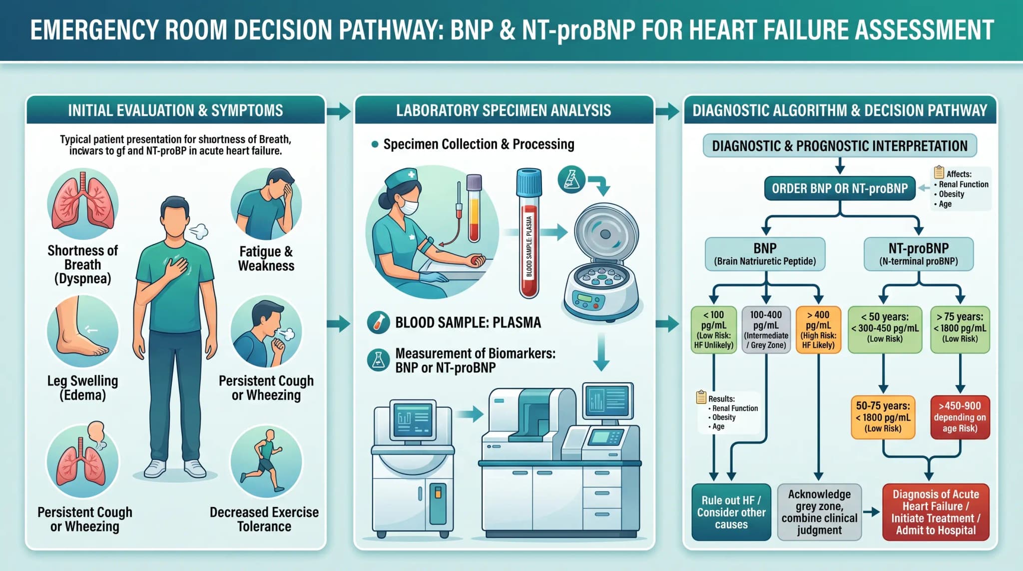 BNP and NT-proBNP Emergency Room Decision Pathway Infographic Emergency room style infographic showing symptoms, laboratory sample analysis, and a diagnostic decision pathway for BNP and NT-proBNP in heart failure assessment