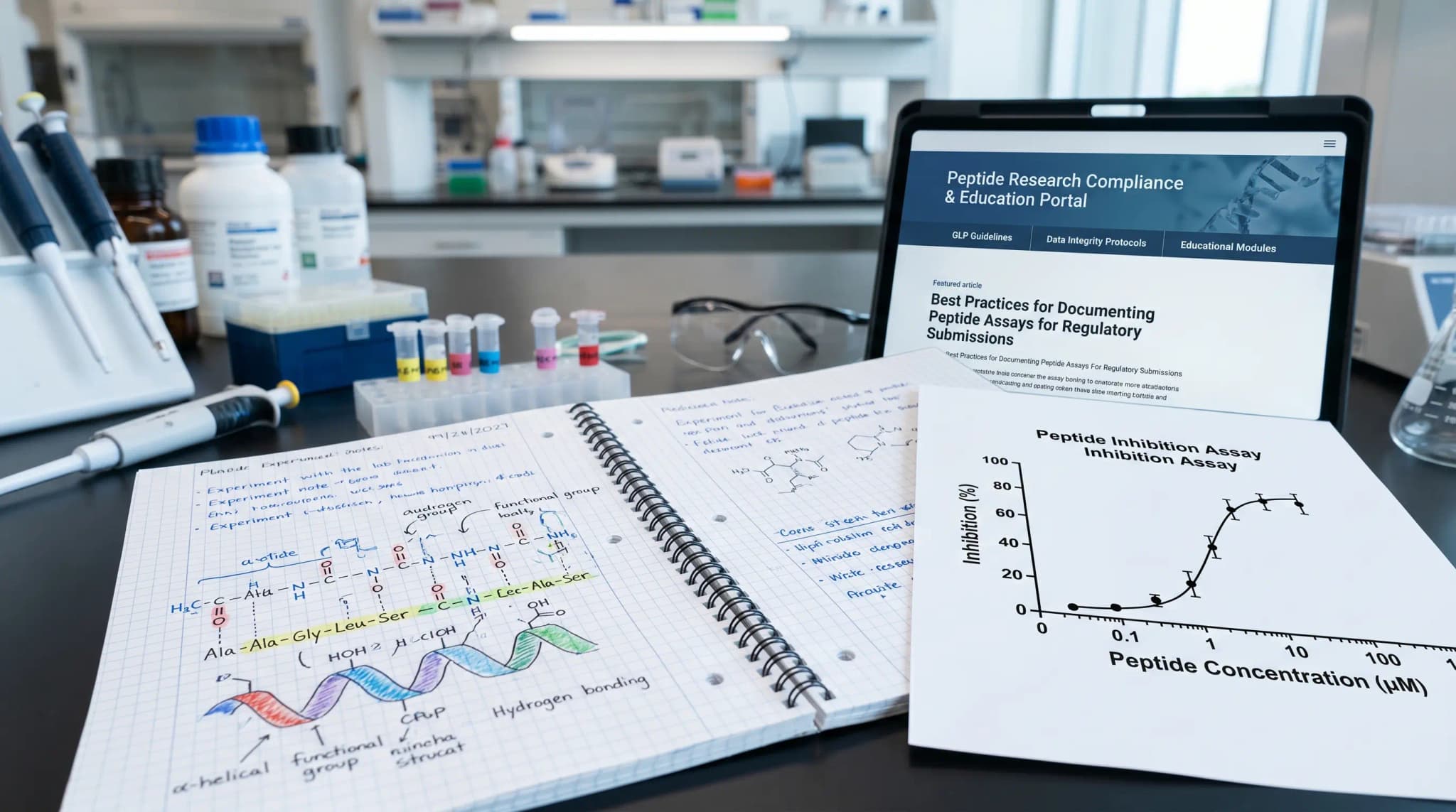 Peptide Research Editorial Workspace with Assay Chart Research-focused editorial image showing a lab notebook with peptide diagrams, an assay chart, sample tubes, and a compliance-oriented educational website layout on a laboratory bench