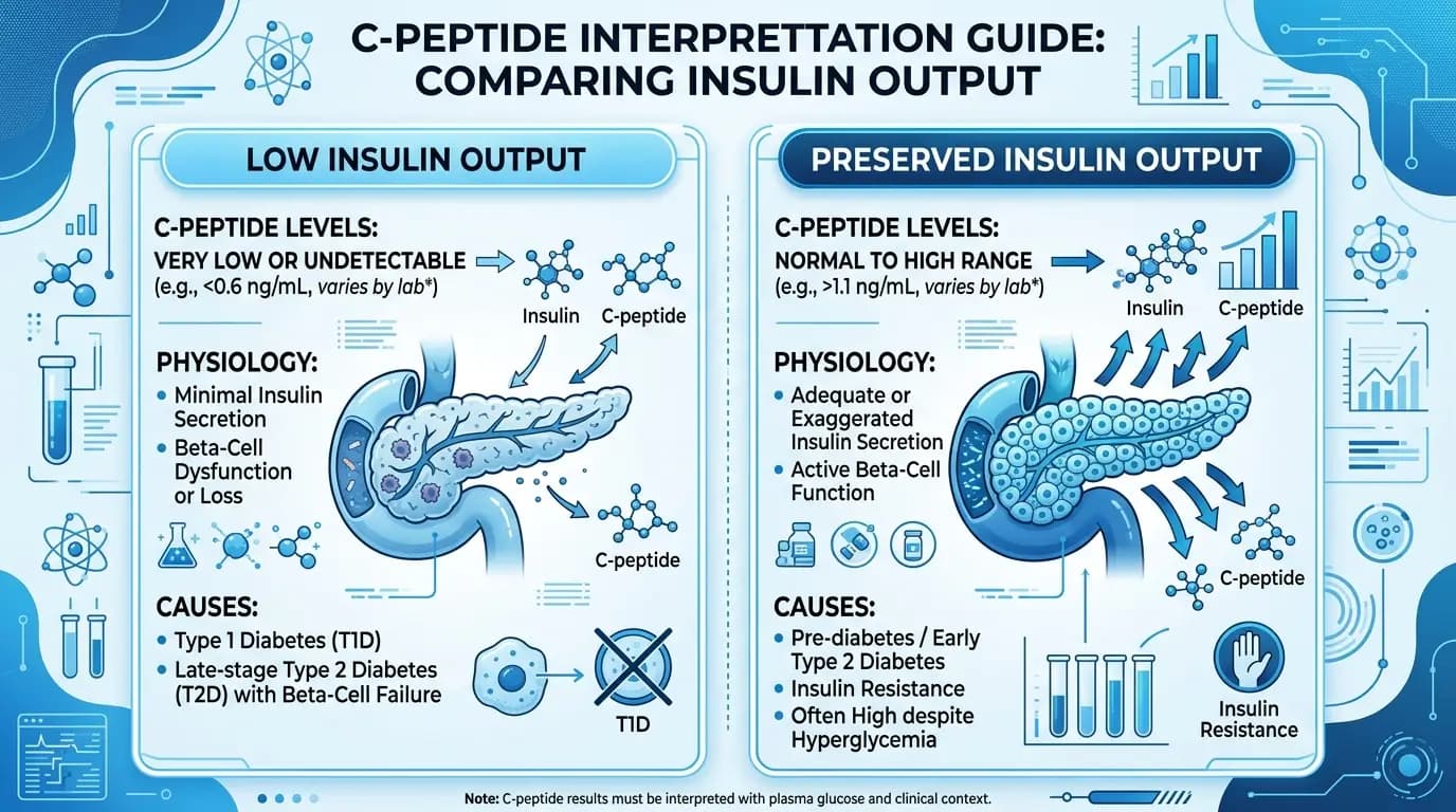 C-Peptide Interpretation Guide Comparing Insulin Output Editorial medical infographic comparing low insulin output and preserved insulin output, with C-peptide interpretation panels in a clean blue and white laboratory style