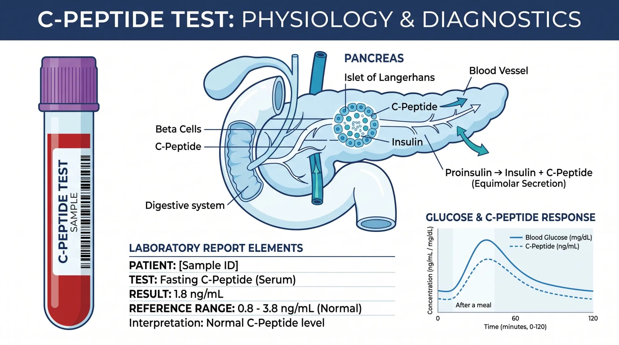 Scientific editorial illustration showing a C-peptide test blood tube, simplified pancreas diagram, laboratory report elements, and glucose response graph in a clean blue and white layout