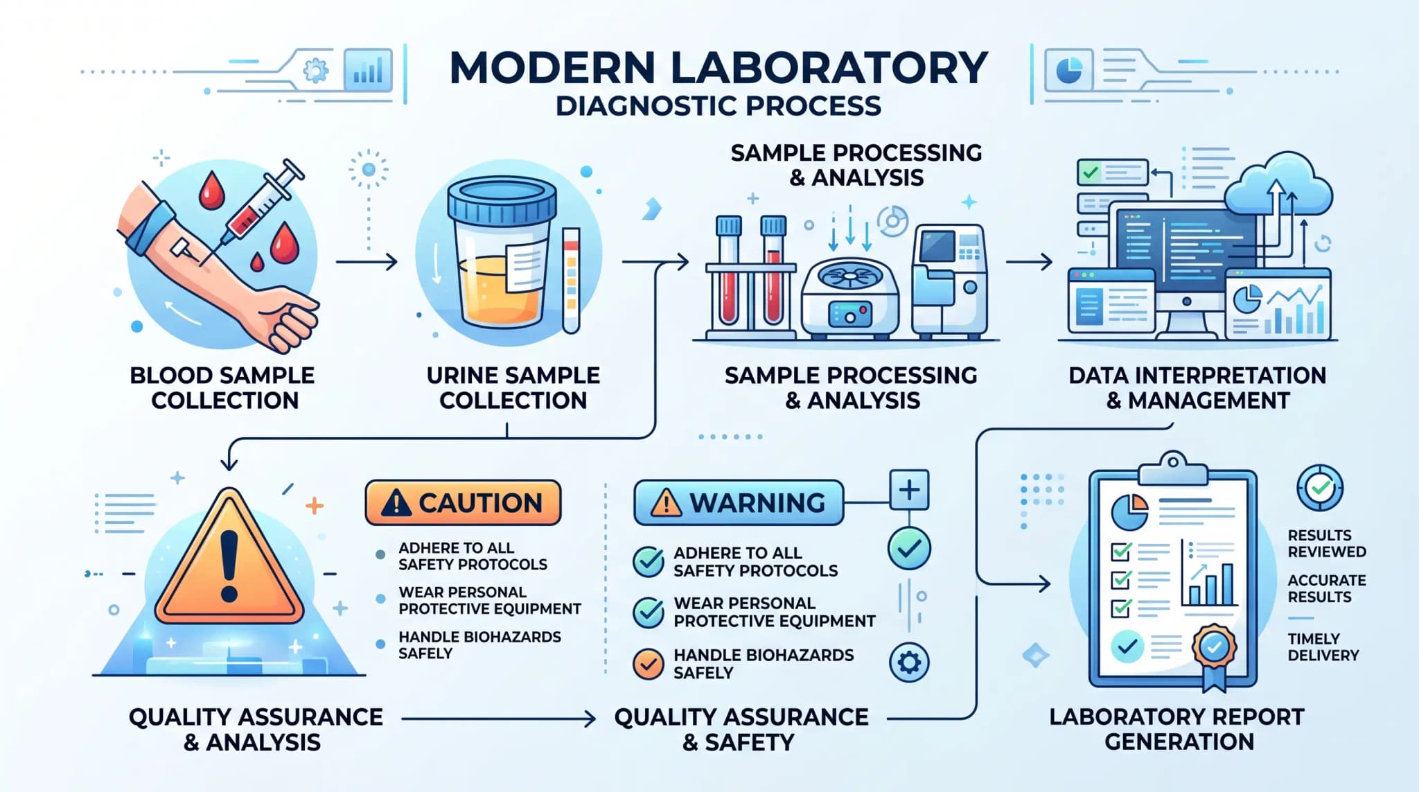 Modern Laboratory Diagnostic Process Infographic Modern laboratory infographic showing blood sample collection, urine sample collection, sample processing, data interpretation, quality assurance, and laboratory report generation