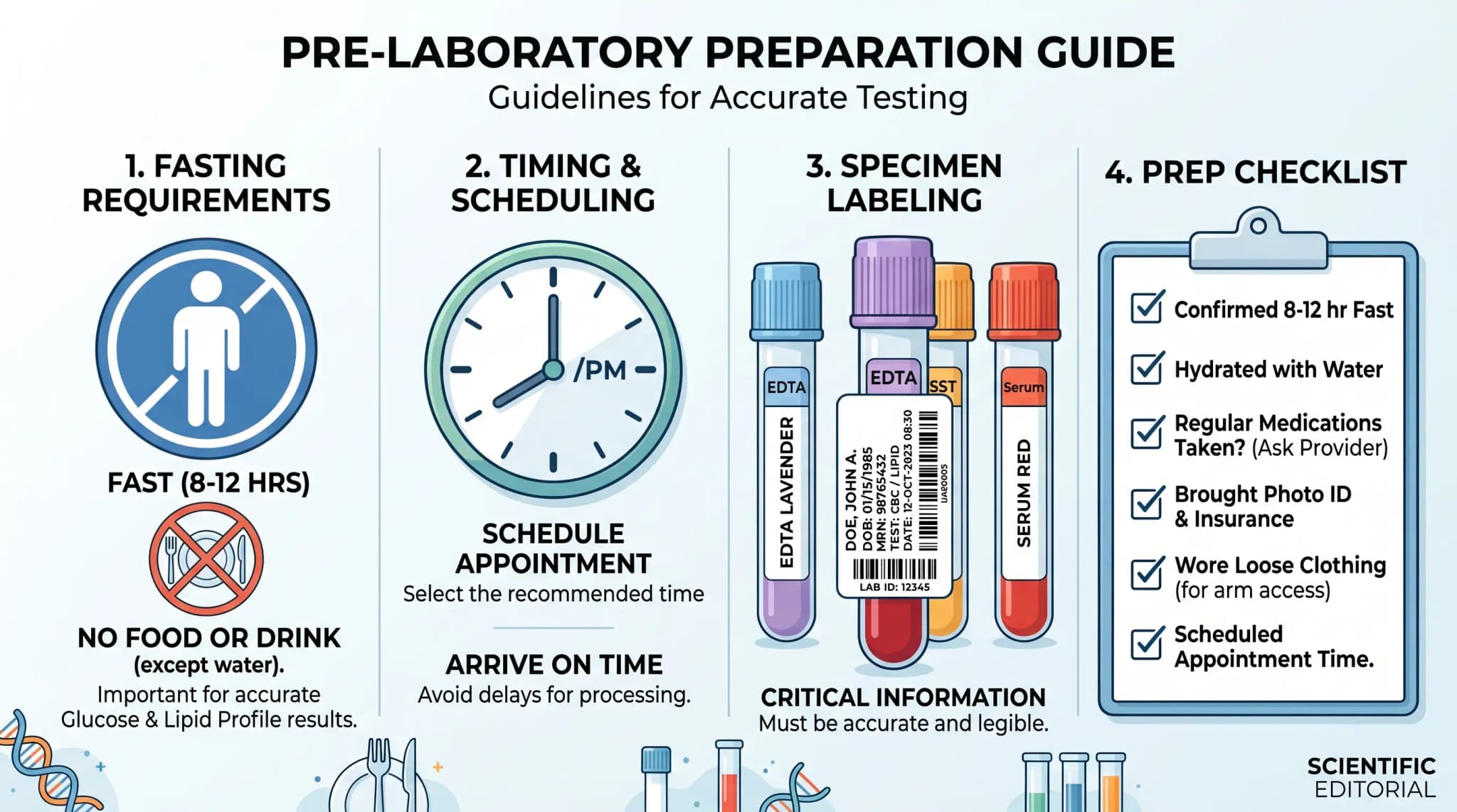 Pre-Laboratory Preparation Guide for Accurate Testing Clean laboratory preparation graphic showing fasting requirements, appointment timing, specimen labeling, and a preparation checklist in a scientific editorial style