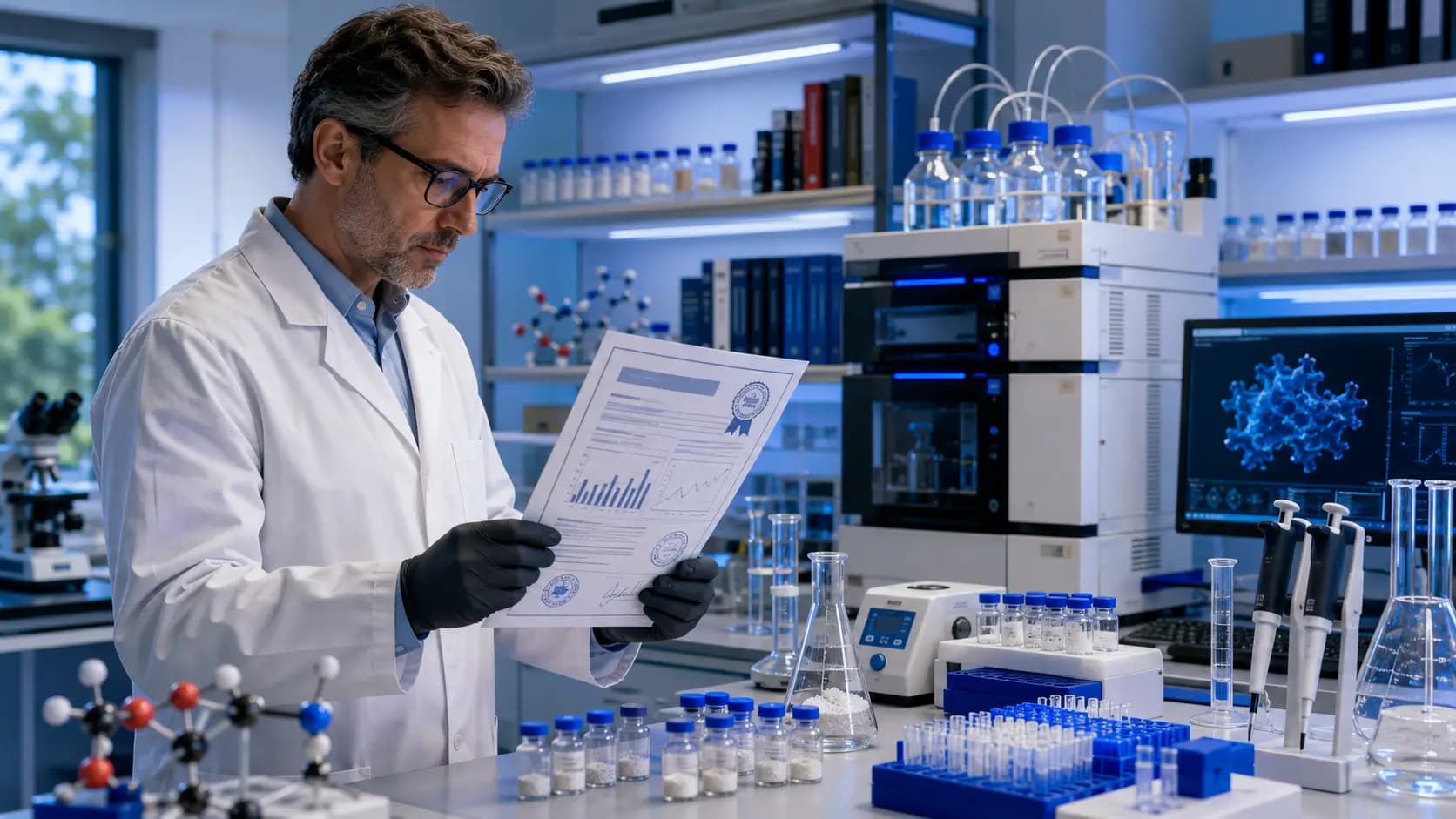 A detailed illustration showcasing certificates of analysis (COA) alongside research peptides in a laboratory setting. A detailed illustration showcasing certificates of analysis (COA) alongside research peptides in a laboratory setting.