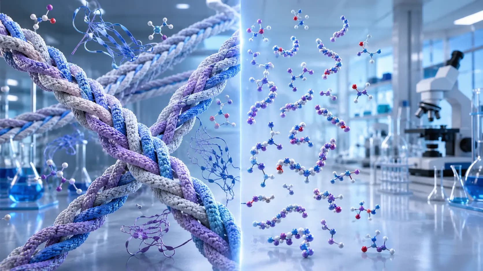 A detailed digital illustration comparing collagen vs collagen peptides with structural representations and lab equipment.