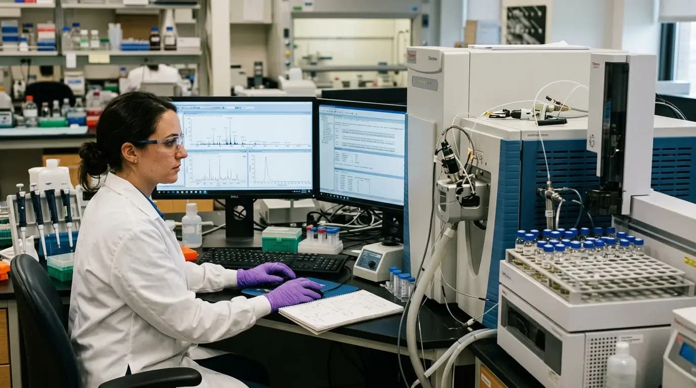 Mass spectrometry analysis of evolve peptides in a lab.