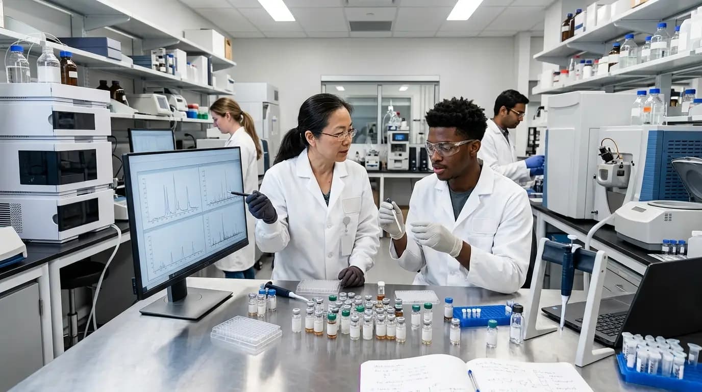 A laboratory setting showcasing the evolution of peptides in scientific research, featuring diverse research peptides on a table, with a diverse group of scientists analyzing them. — evolve peptides