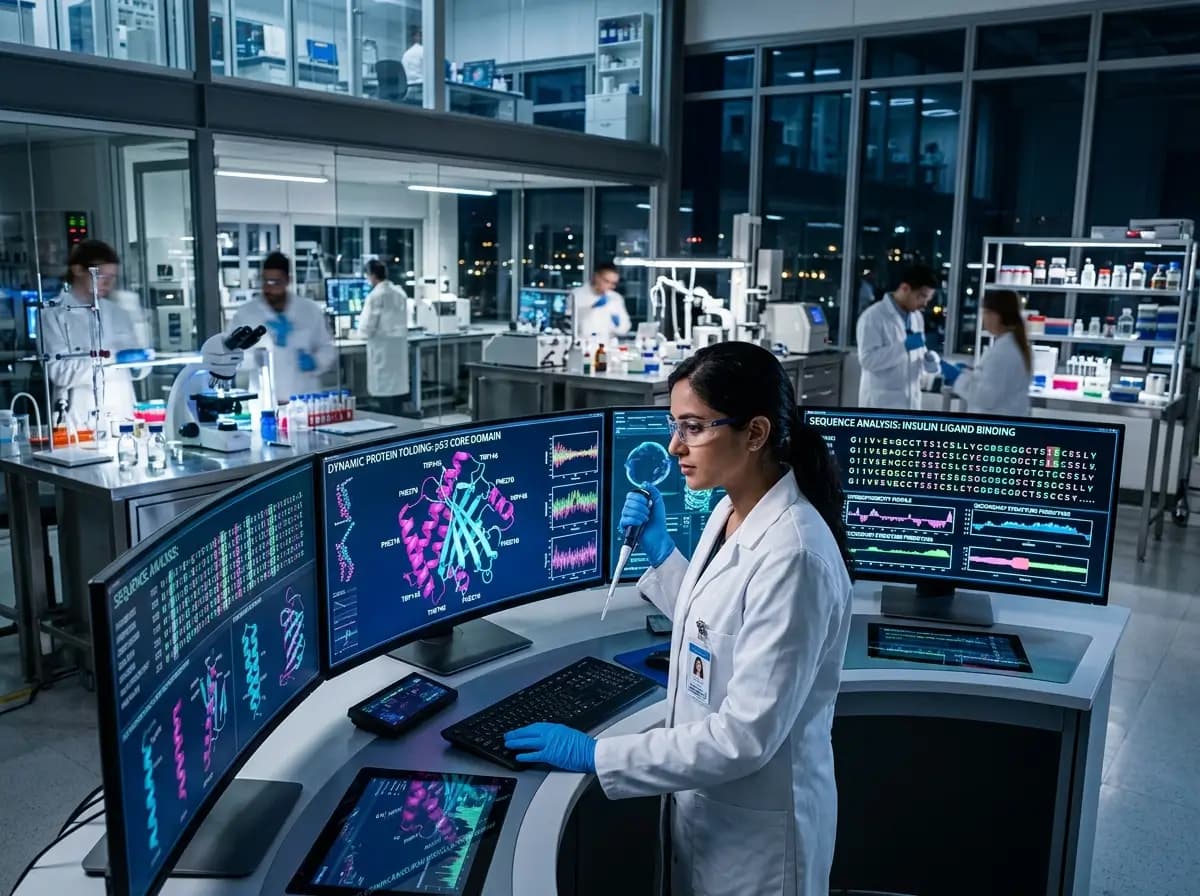 Biotechnology Research Center with Peptide Analysis Screens Biotechnology research center showing a scientist at multiple analysis screens with peptide models, sequence data, and laboratory activity in the background