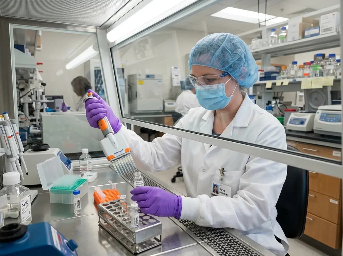 Laboratory Technician Handling Research Samples Laboratory technician in protective gear using a multichannel pipette to handle research samples inside a clean laboratory workspace