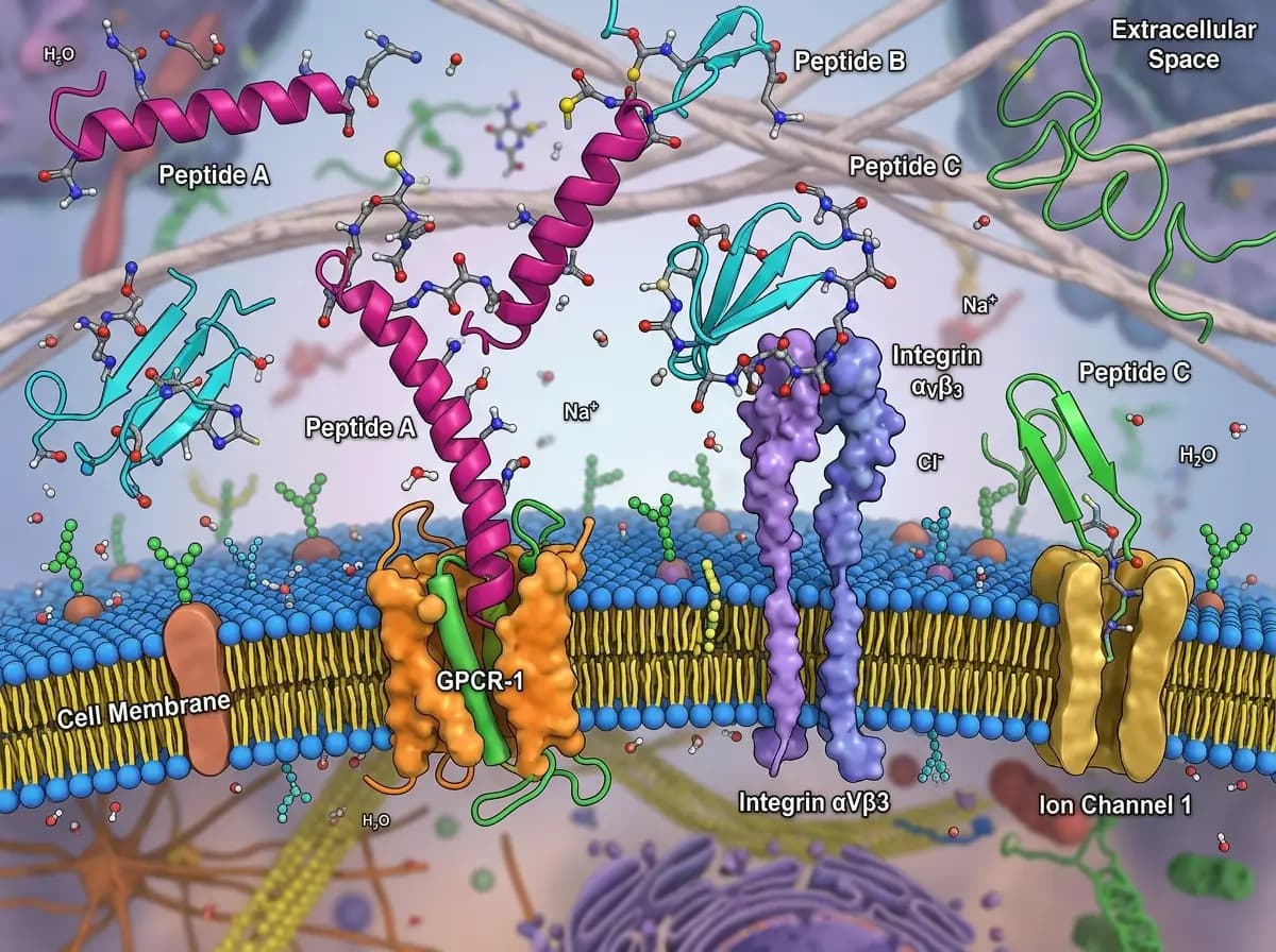 Peptide Interactions at the Cell Membrane Diagram Scientific diagram showing peptide interactions at the cell membrane with receptors, ion channels, integrin v3, and labeled extracellular space