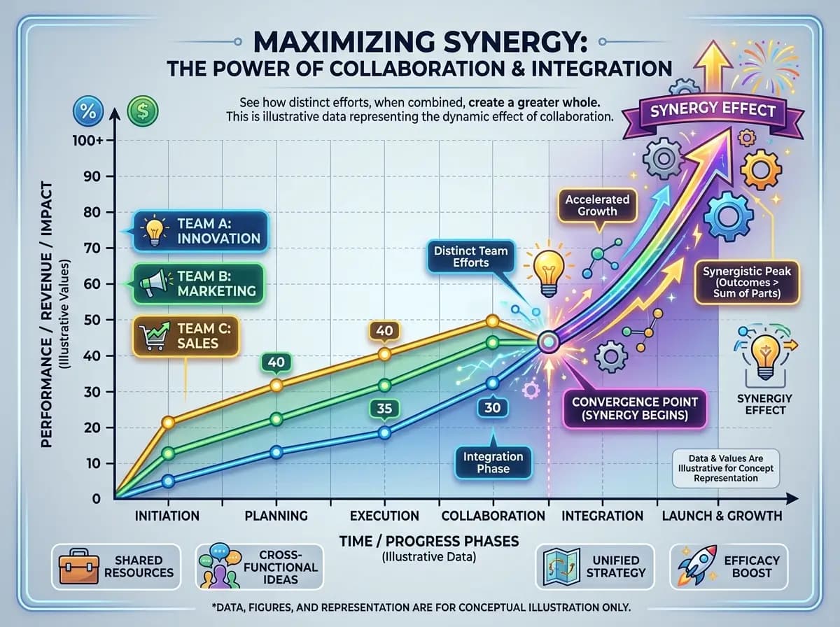 Synergy Effect Collaboration and Integration Infographic Colorful synergy effect infographic showing collaboration, integration, team performance growth, convergence point, and launch phase on a conceptual chart