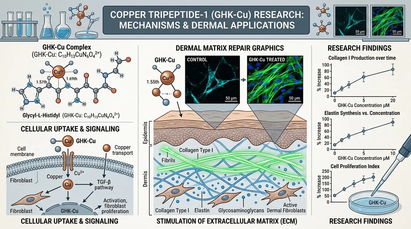 GHK-Cu benefits research visual showing laboratory peptide analysis and matrix biology data