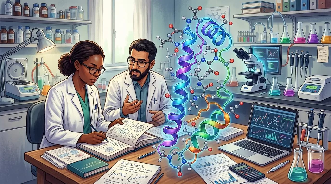 A digital illustration depicting the GLP-3 peptide structure with molecular details, surrounded by lab equipment and research papers. — glp3 peptide