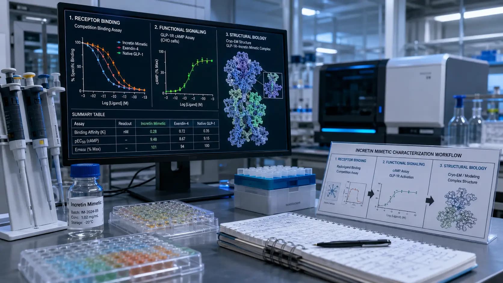 Caractérisation de la recherche sur les mimétiques d’incrétine | Peptide Researches Poste de laboratoire avec pipettes, plaques d’échantillons, flacon de mimétique d’incrétine et données de caractérisation à l’écran
