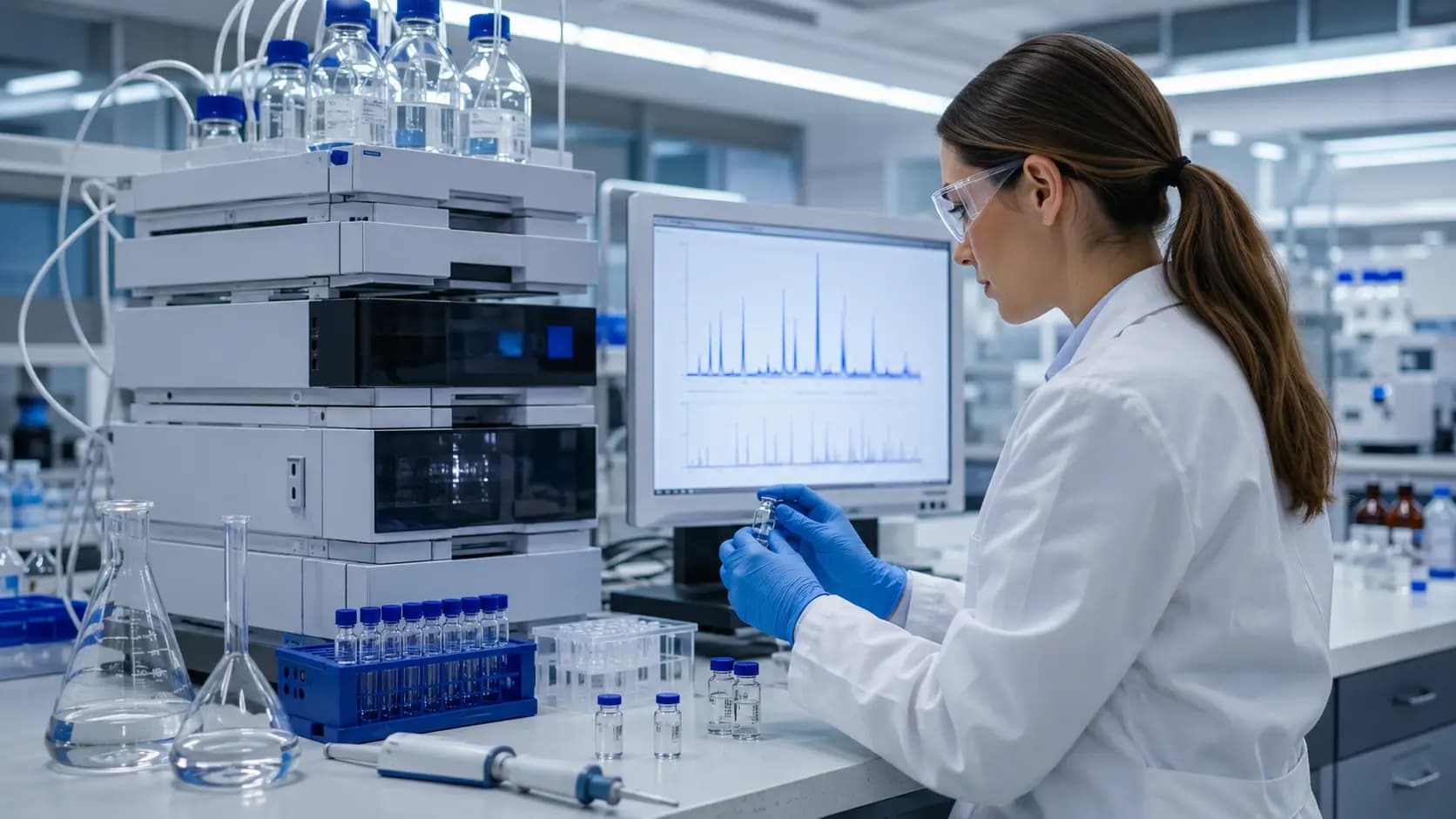 Laboratory Peptide Analysis Scene A laboratory setting displaying peptide purity analysis involving various scientific tools.