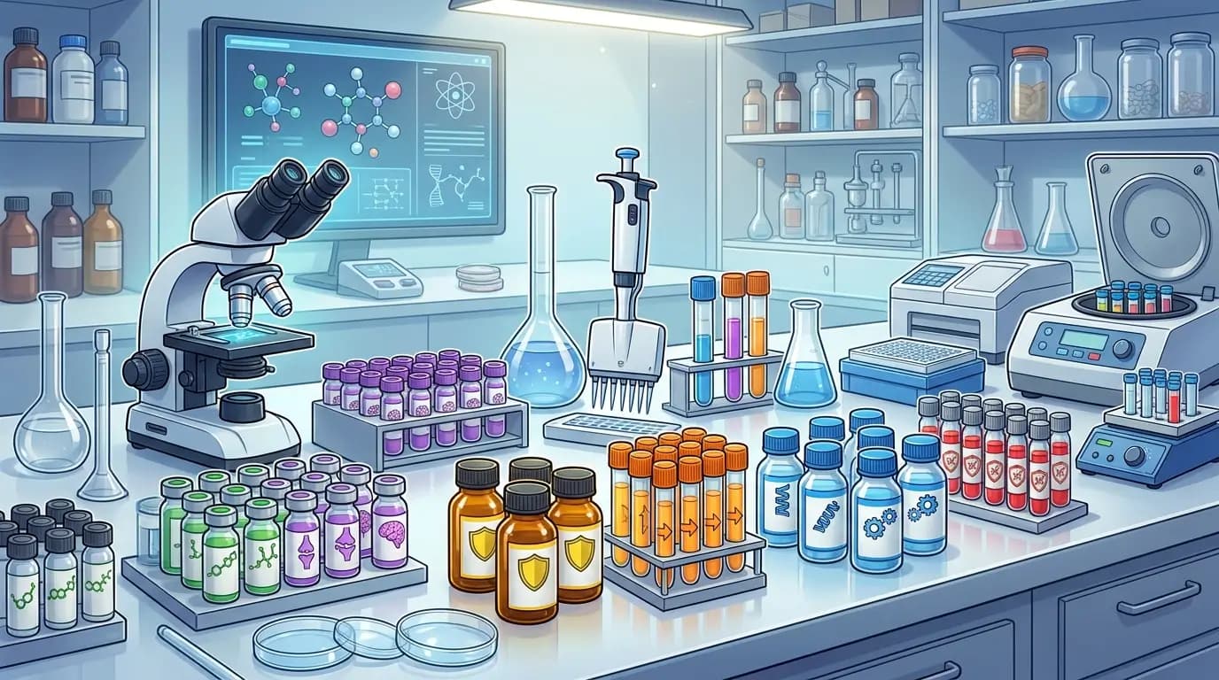 Analyse des Peptides en Laboratoire Un scientifique observant des peptides pour la musculation dans un environnement de laboratoire.