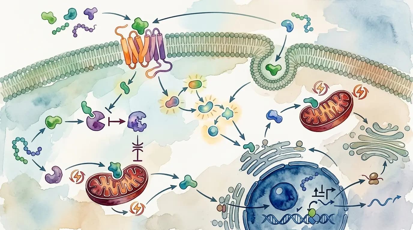 Interaction des Peptides avec les Cellules Representation visuelle des voies cellulaires influencees par les peptides. peptides pour la musculation