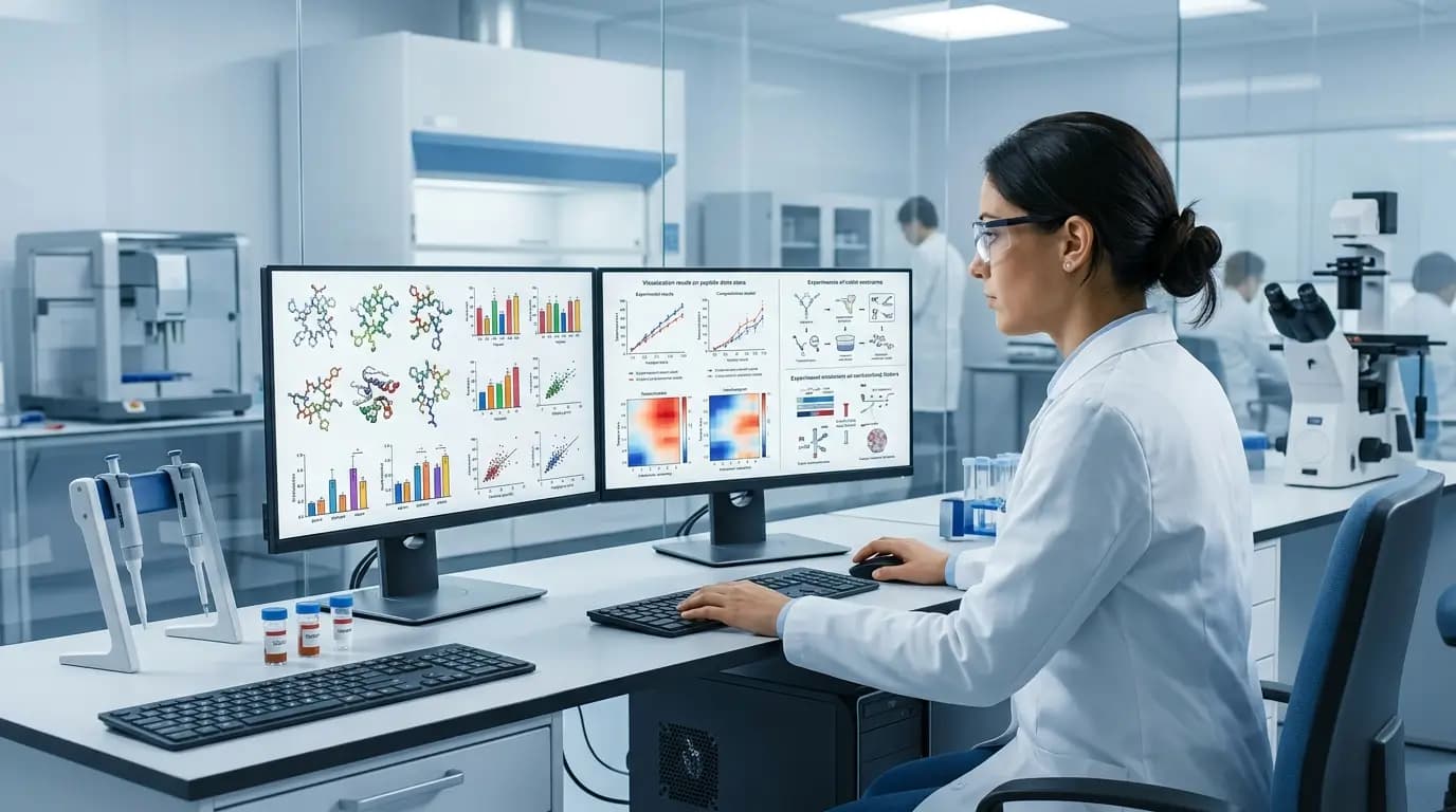 Revue de Recherche sur les Peptides Un chercheur examinant les resultats actuels de la recherche sur les peptides dans un laboratoire. peptides pour la musculation