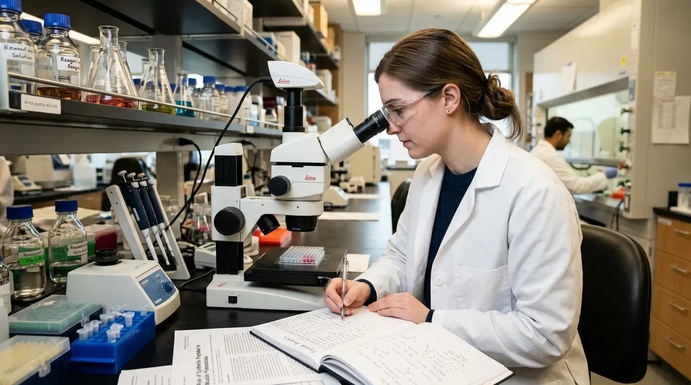 A digital illustration depicting scientists discussing peptides for bodybuilding research in a laboratory setting, showcasing research materials and equipment.