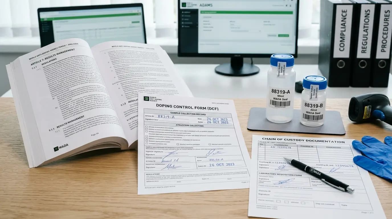 Anti-Doping Compliance Desk with Rulebook and Lab Documents Realistic compliance-focused editorial photo showing rulebook pages, anti-doping paperwork, chain of custody forms, and neutral sample containers on a clean desk