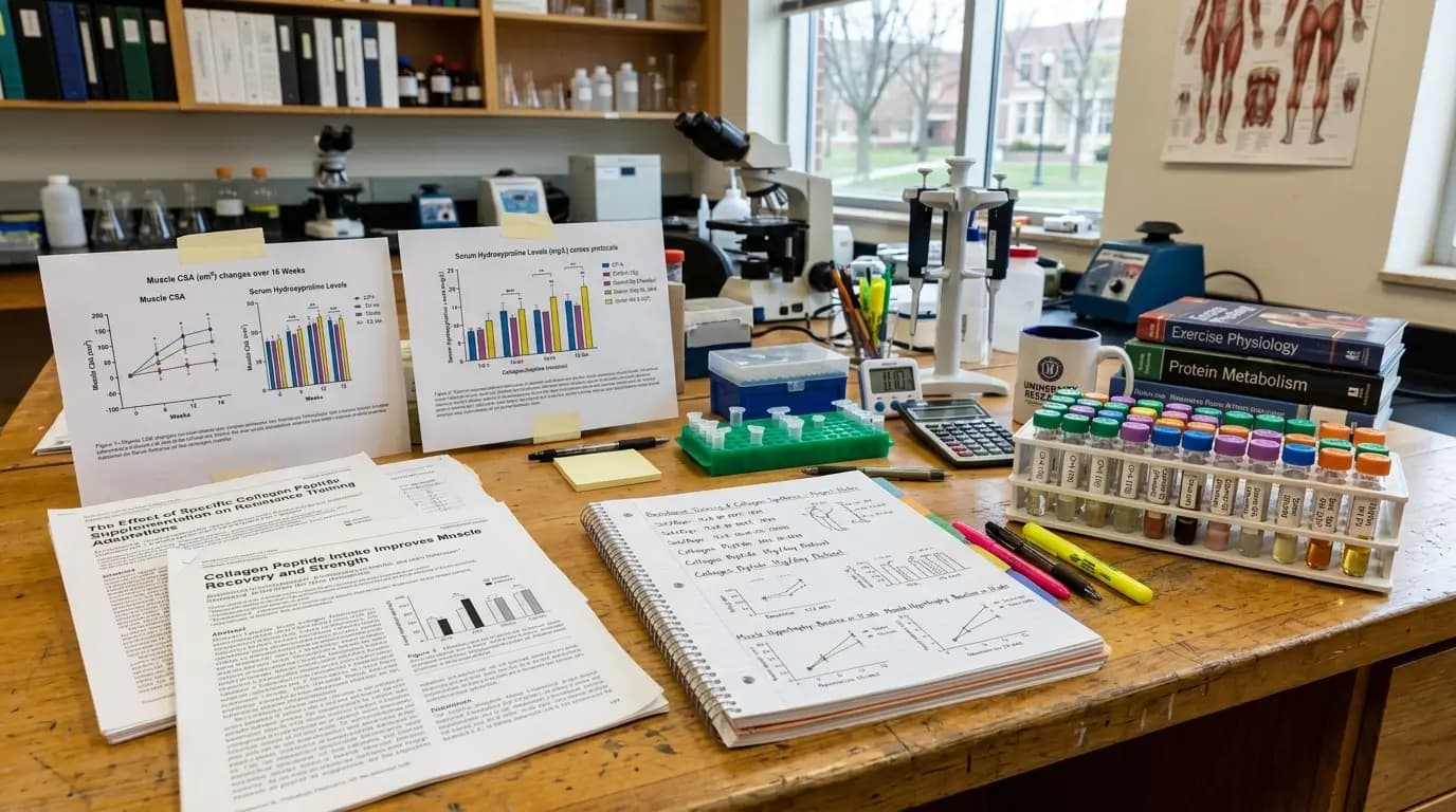 Collagen Peptide Research Workspace with Study Graphs Realistic scientific workspace showing printed study graphs, resistance training research notes, collagen peptide papers, and sealed sample vials in a clean academic setting