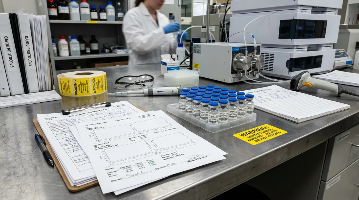 Laboratory Compliance Scene with Peptide Vials and Records Realistic laboratory compliance scene showing chromatography printouts, batch records, warning labels, and sealed peptide vials on a stainless steel bench
