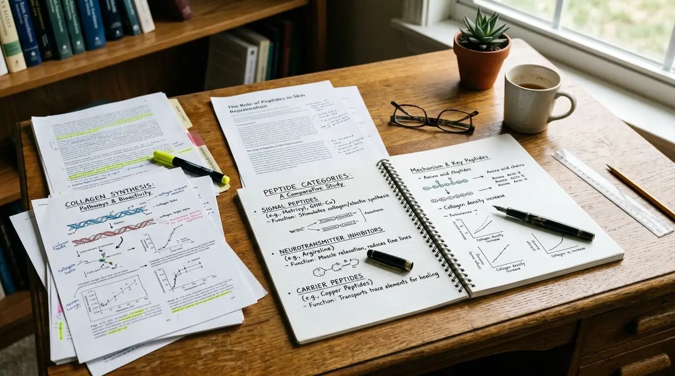 Peptide Research Notes and Collagen Study Desk Scene Realistic editorial desk scene showing peptide research notes, collagen study papers, comparative notebook pages, and annotated scientific documents in natural daylight