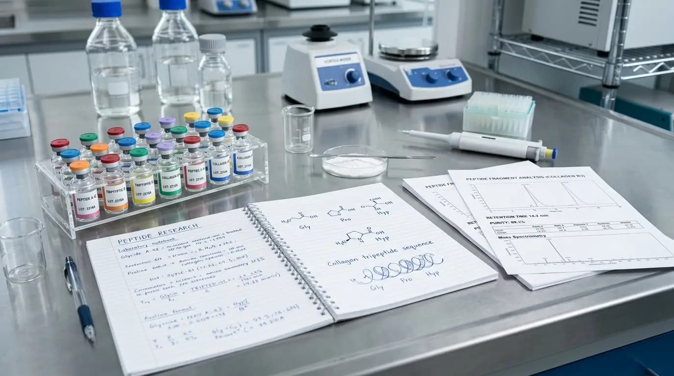 Realistic laboratory editorial photo showing sealed peptide research vials, collagen research notes, amino acid structure sketches, and analytical lab documents on a stainless steel bench