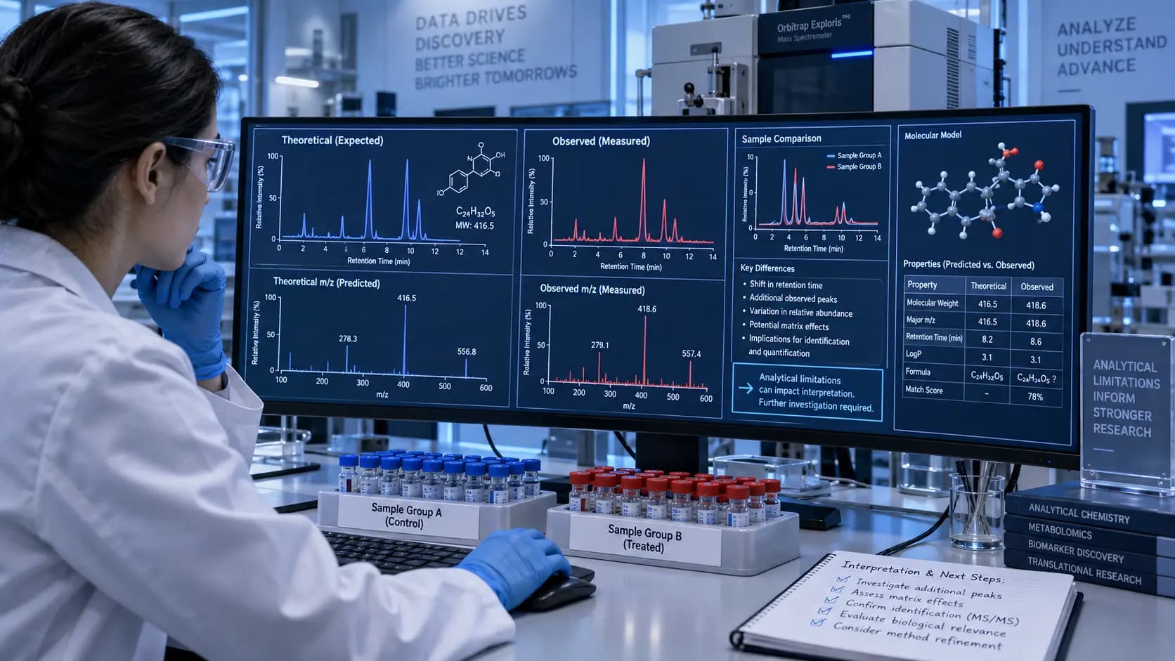 Peptide Analytical Limitations in Research | Peptide Researches Lab researcher reviewing comparative chromatograms, mass spectra, and a molecular model on a monitor