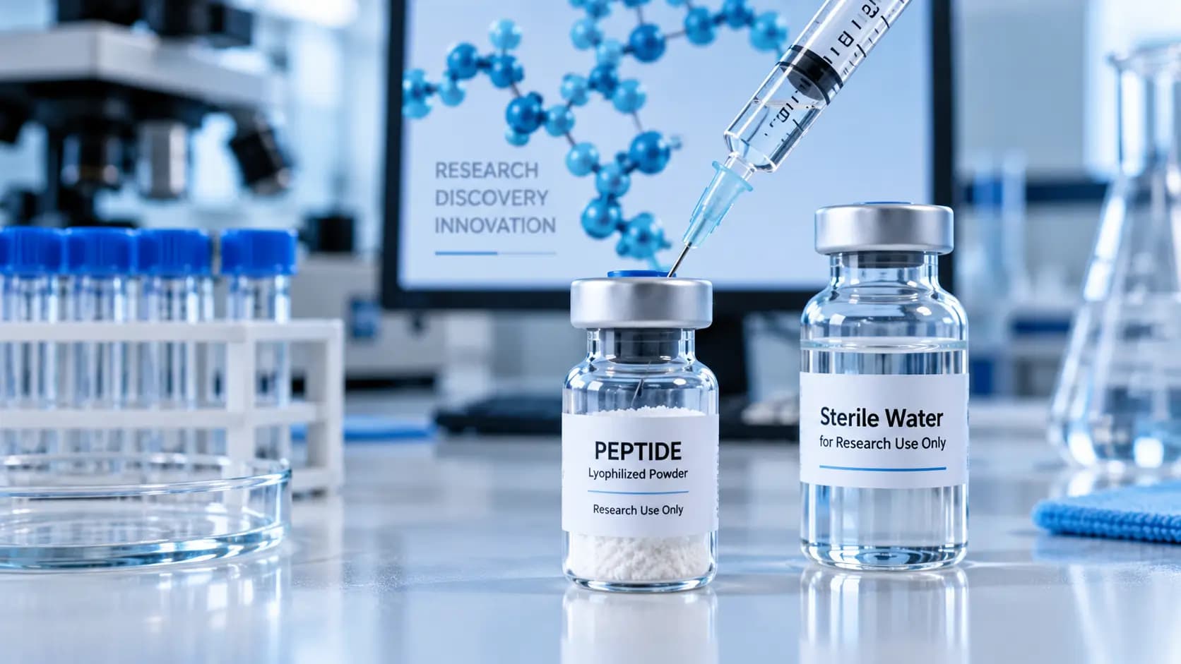 Syringe positioned above a vial of lyophilized peptide powder beside a sterile water vial in a laboratory