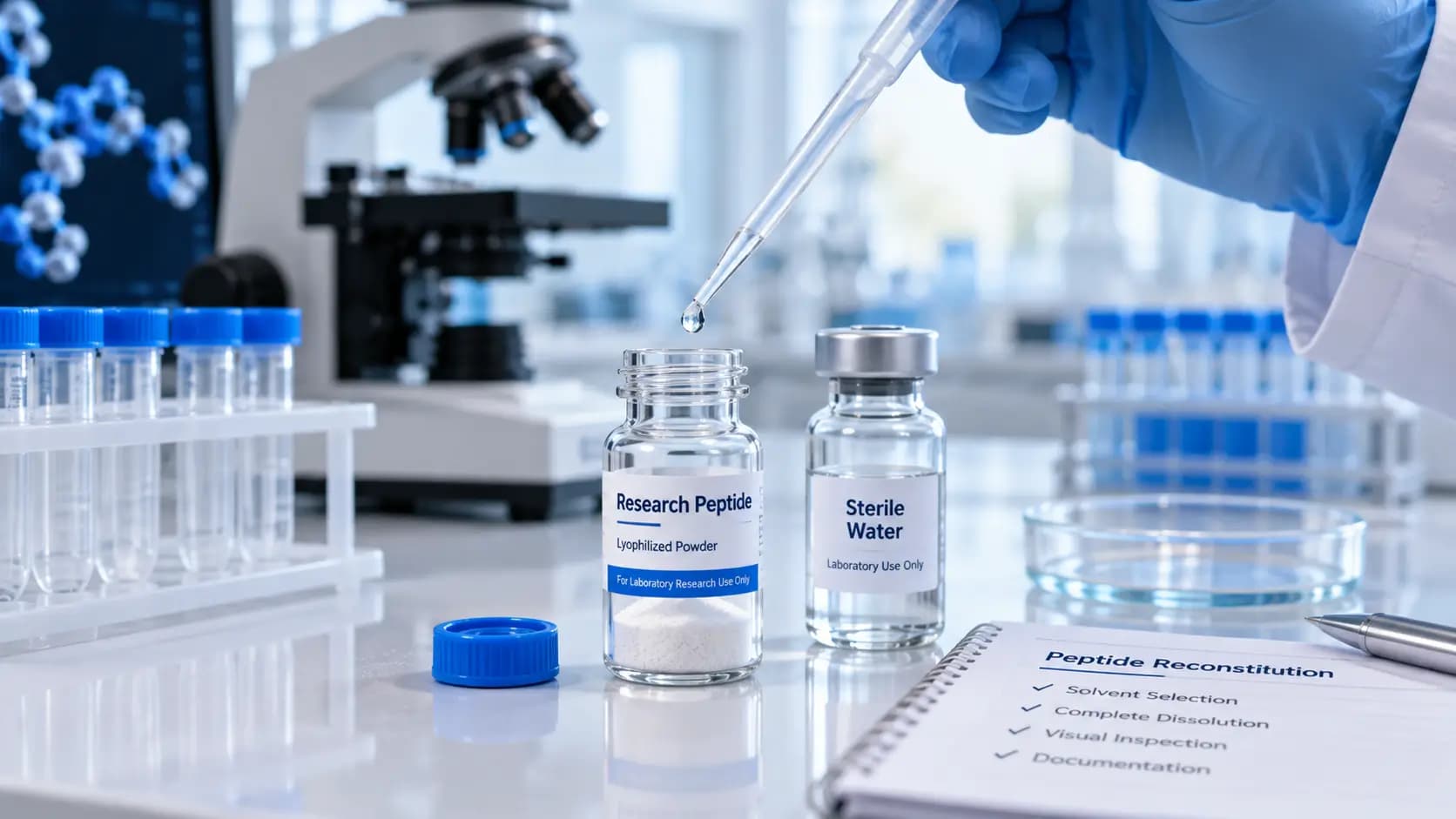 Peptide Reconstitution Laboratory Process Gloved hand holding a pipette above an open research peptide vial in a laboratory setting