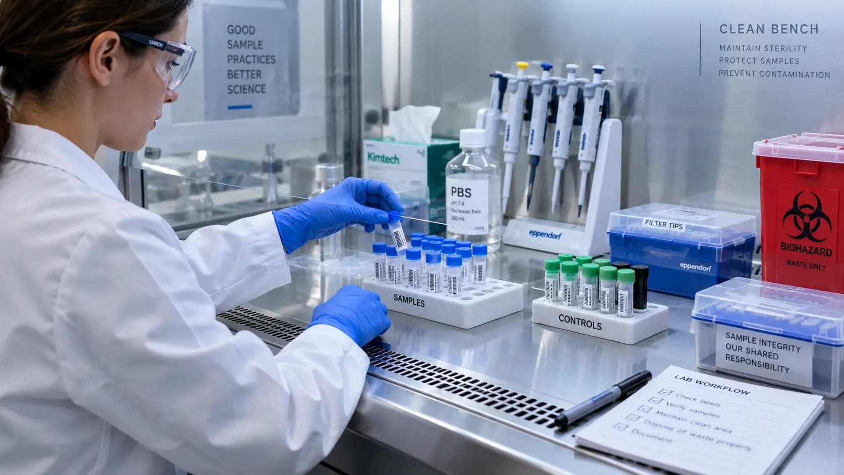 Laboratory Sample Handling Procedures Laboratory worker in protective eyewear and gloves handling sample tubes inside a clean bench