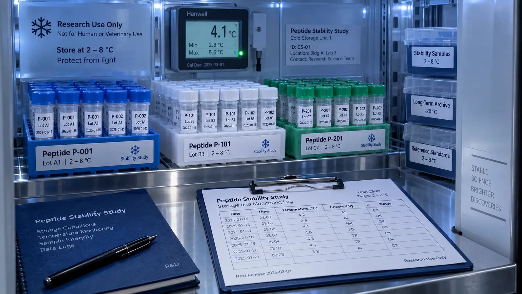 Peptide Stability After Reconstitution Cold Storage Refrigerated storage unit with labeled peptide sample vials, temperature monitor, and stability study log