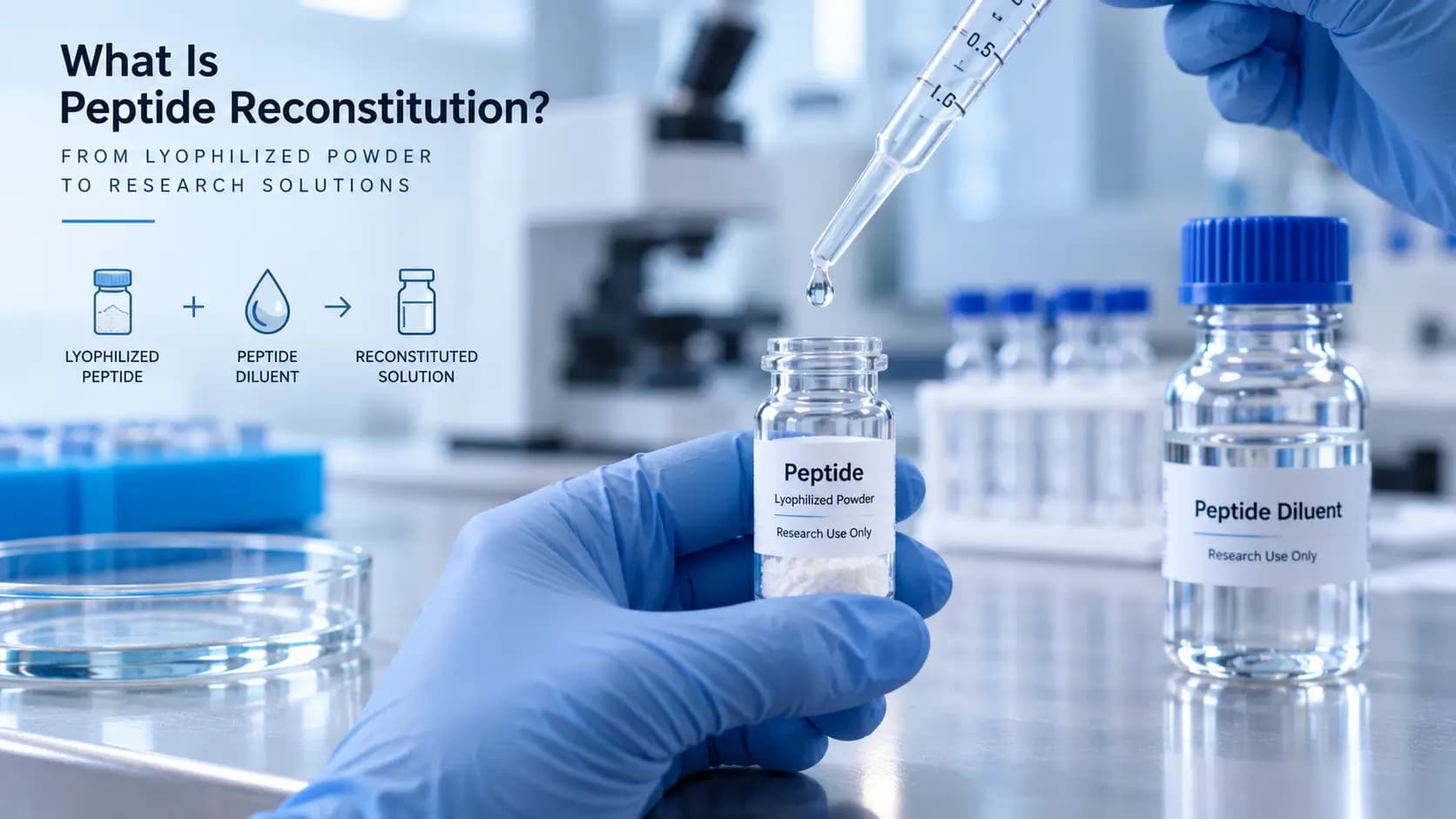 Peptide Reconstitution Laboratory Guide | Peptide Researches Gloved hands hold a peptide powder vial beneath a pipette beside a diluent vial in a laboratory.