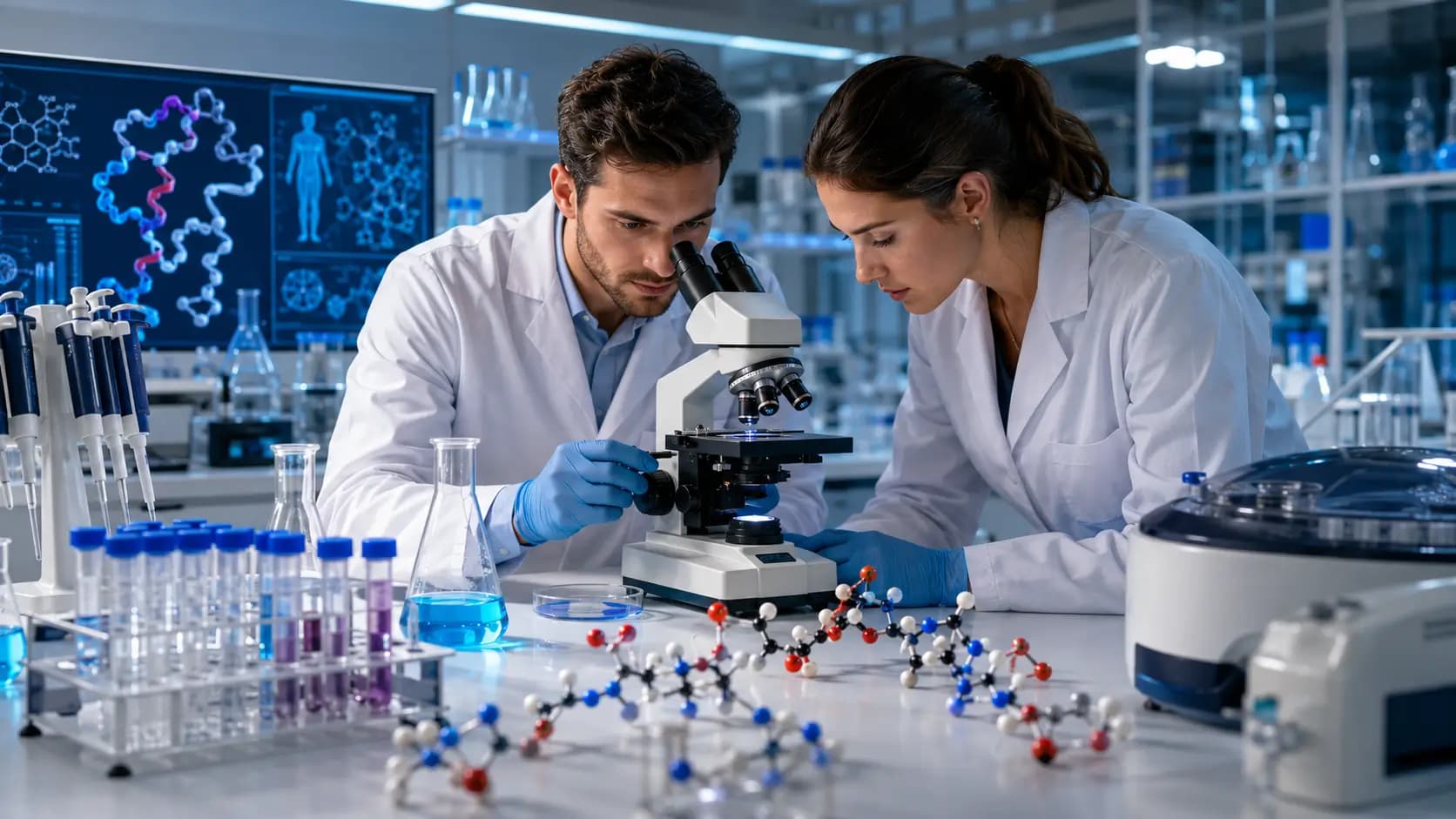 Male and female researchers examining peptide samples under a microscope in a modern laboratory with pipettes, test tubes, a centrifuge, and molecular models.